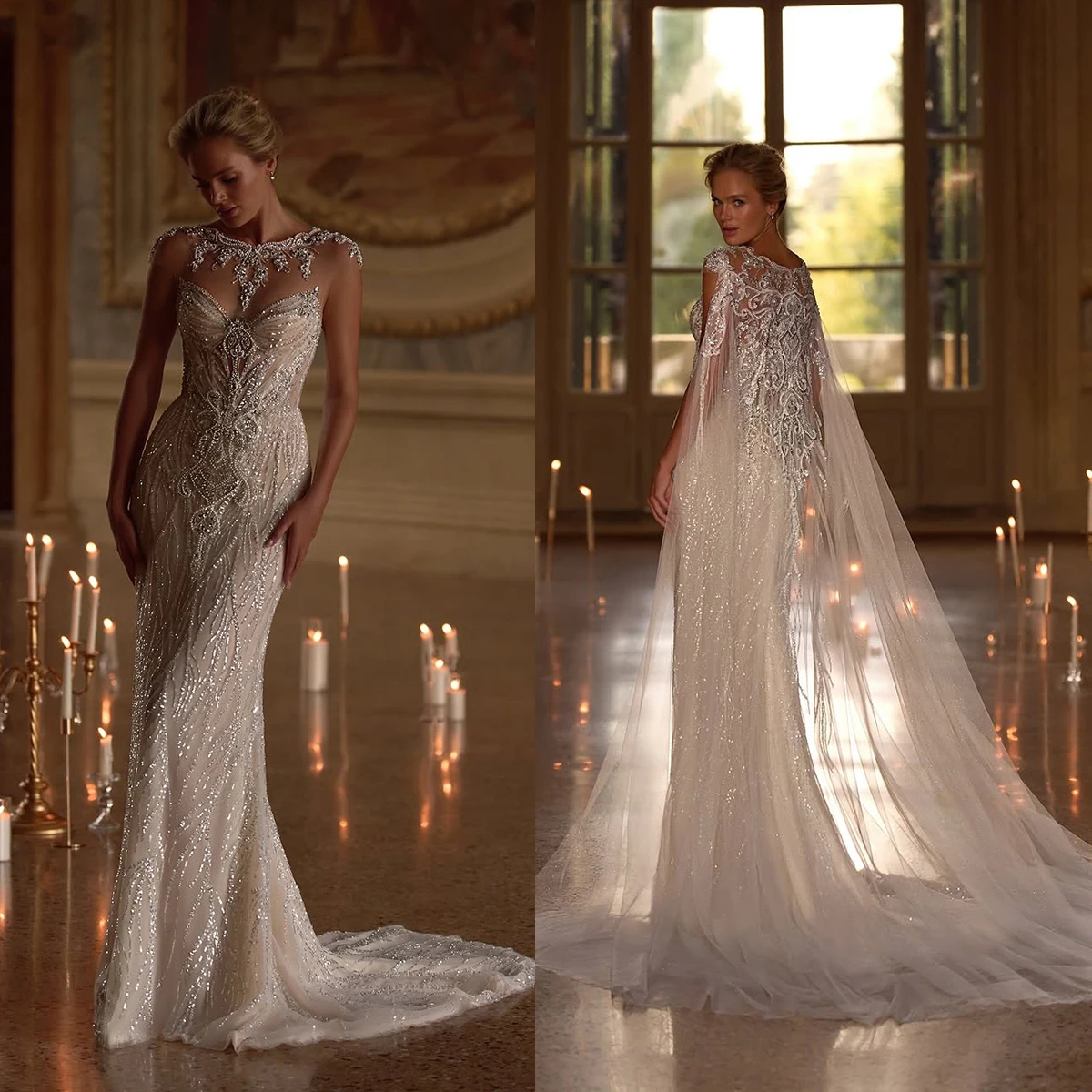 Graceful Sequins Wedding Dresses Crystal Pearls Mermaid Bridal Gowns with Cape Customized Bride Dress Vestidos De Novia