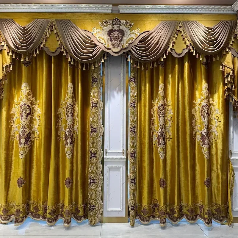 European Luxury Palace Blue Velvet Curtains for Living Room Blackout Bedroom White Tulle Valance French Ice Embroidered Villa