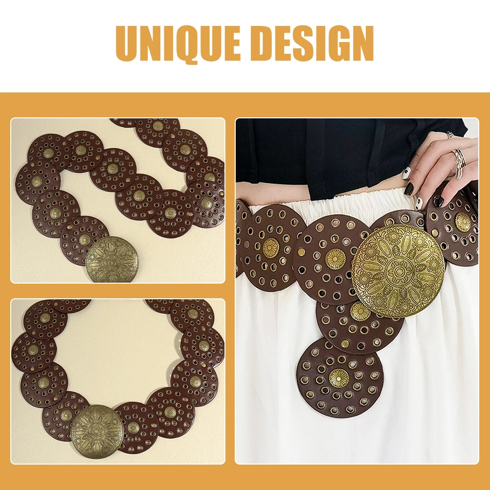 

1Pc Vintage Disc Belt Women Coffee Color Metal Buckle Adjustable Waist Belt for Dresses Beach Party Retro Style Cosplay