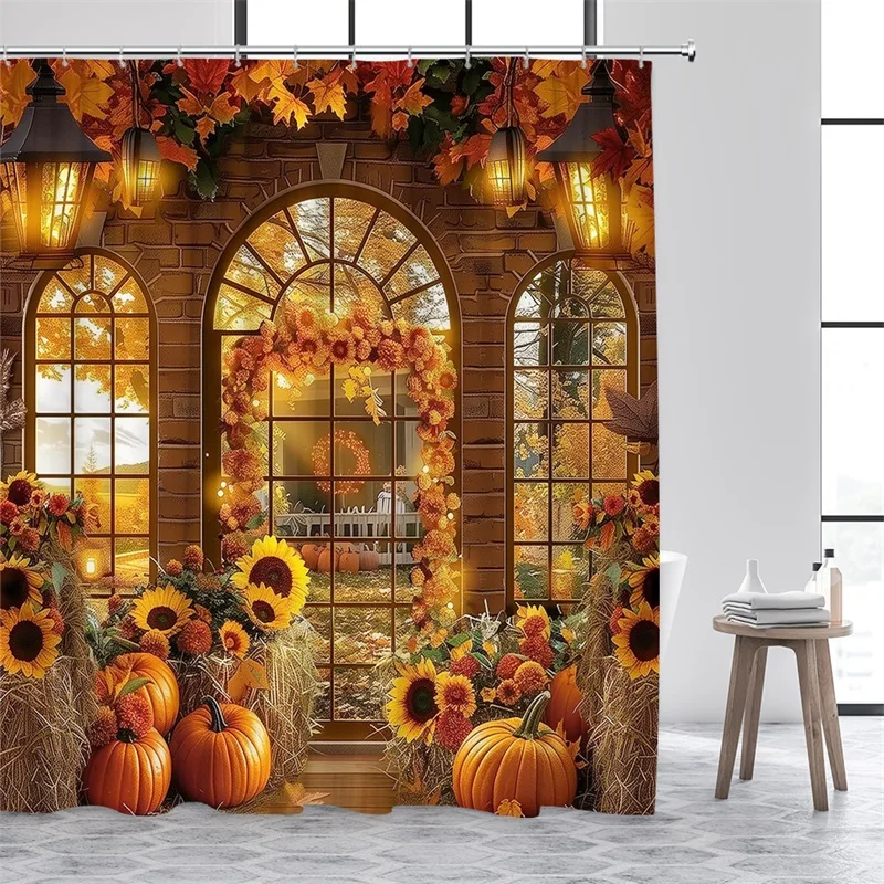 Autumn Barn Shower Curtain Sunflower Pumpkin Red Maple Leaves Fall Farm Landscape Bath Curtains Fabric Home Bathroom Decor Set