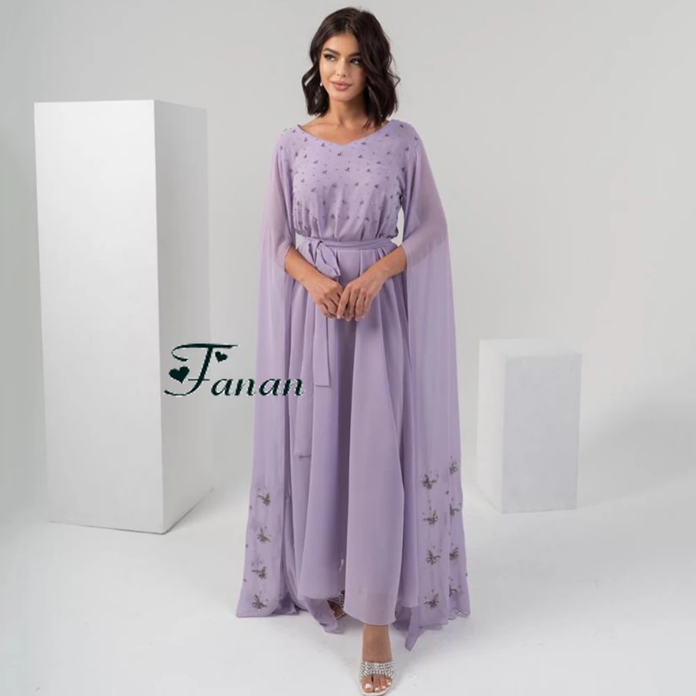 Customized Scoop Neck Chiffon Sequined Draped Lavender Evening Dress Half Sleeves Tea-Length Butterfly Formal Pageant Party Gown