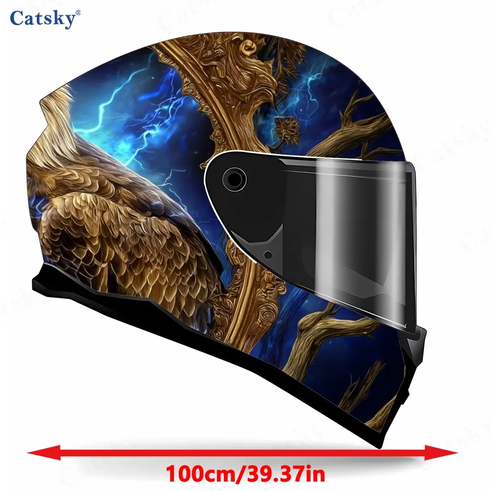 Blue Lightning Storm and Vintage Golden-Frame Eagle Helmet Vinyl Wraps, Waterproof Scratch-Resistant Full Face Helmet Decals, Du