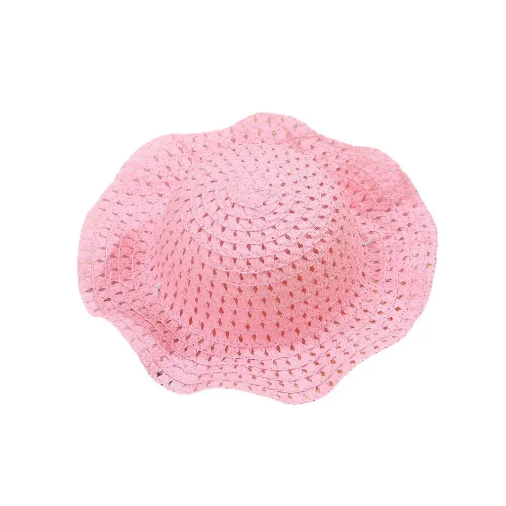 

Cute Large Brim Children Straw Hat Solid Color Sunscreen Bucket Hat Hollow Out Sun Cap Summer