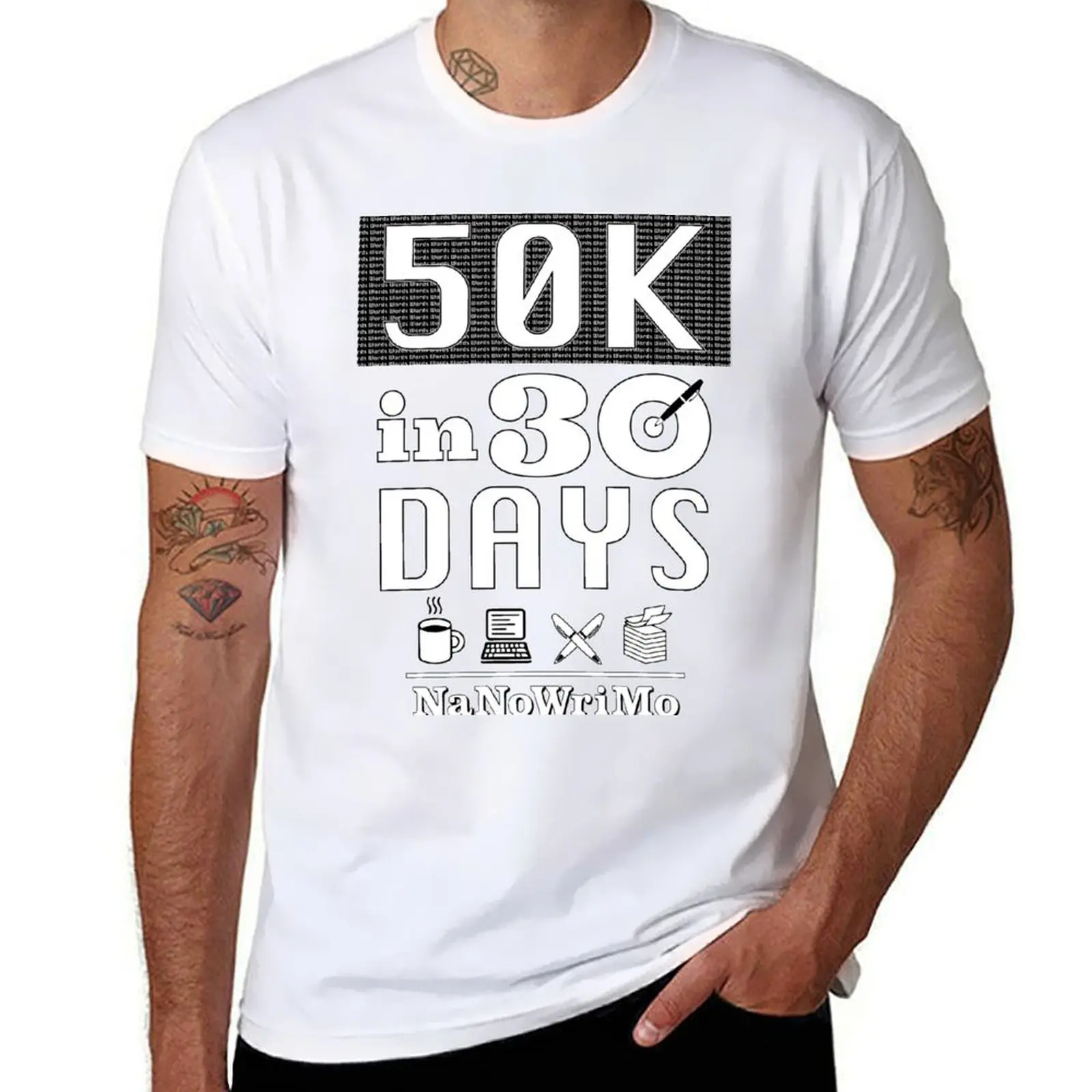 

Lettering) Days 50K (White 30 in NaNoWriMo T-Shirt Holiday Casual Short Sleeve Top