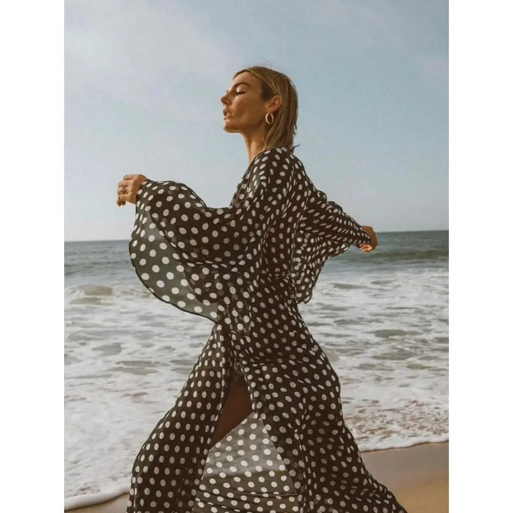 Mulheres estampadas em bolinhas Praia Cover Up, túnica longa Kimonos, Push Up Bow Design Biquíni, férias de luxo, maiô One Piece