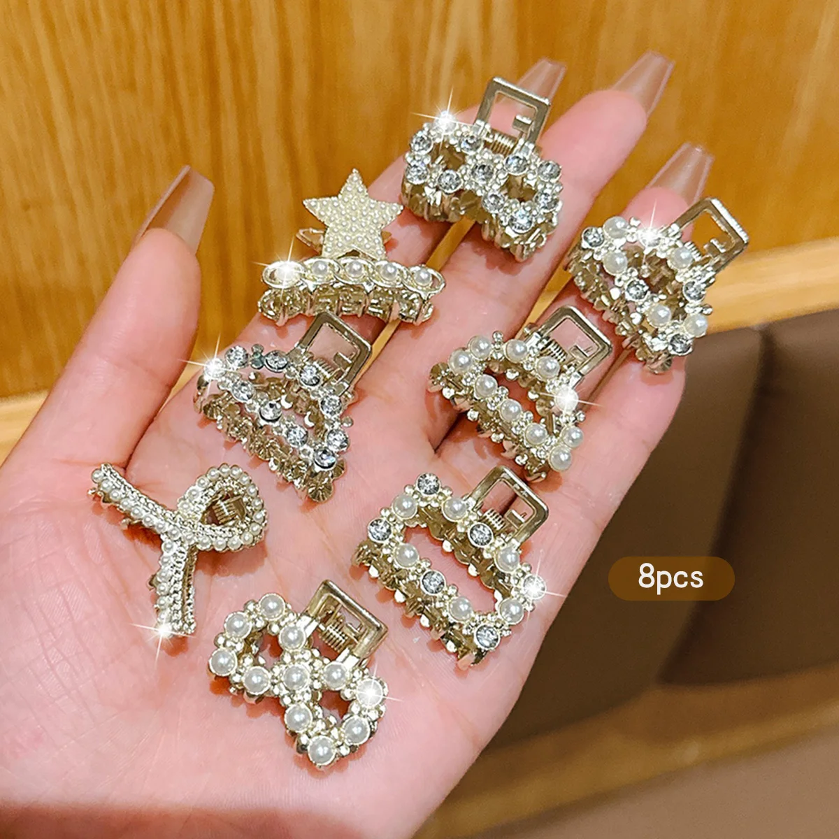 8 alloy rhinestone small hair claws, fashionable and sweet style hair clips suitable for daily use as hair accessories