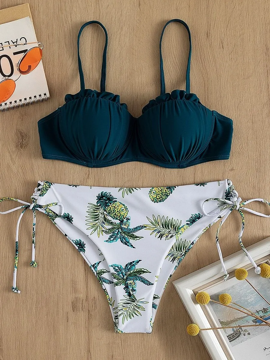 2025 Sexy bedrucktes Push-Up-Bikini-Set für Damen, rückenfrei, zweiteiliger Badeanzug mit hoher Taille, verstellbaren Bändern und frech