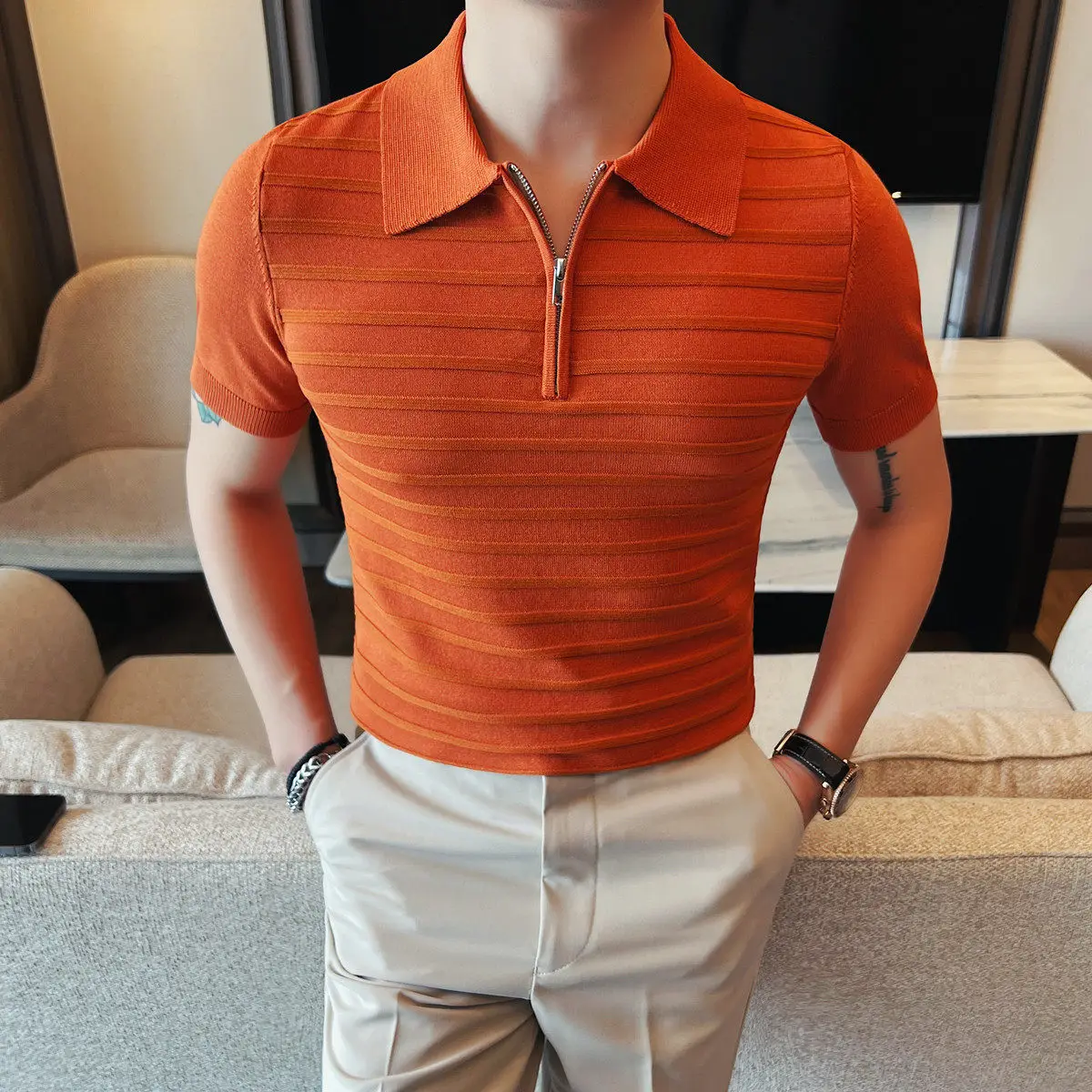 

Мужская летняя вязаная рубашка-поло в британском стиле с коротким рукавом, на молнии до середины груди, приталенная, повседневная, универсальная, для офиса, гольфа, футболка-поло