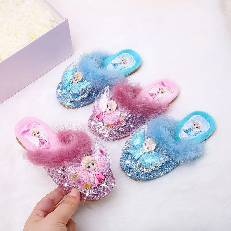 Disney Girls Cotton Slippers Princess Cartoon Frozen Elsa Print Children Lovely Soft Warm Flat Kids Indoor Home Bedroom Shoes