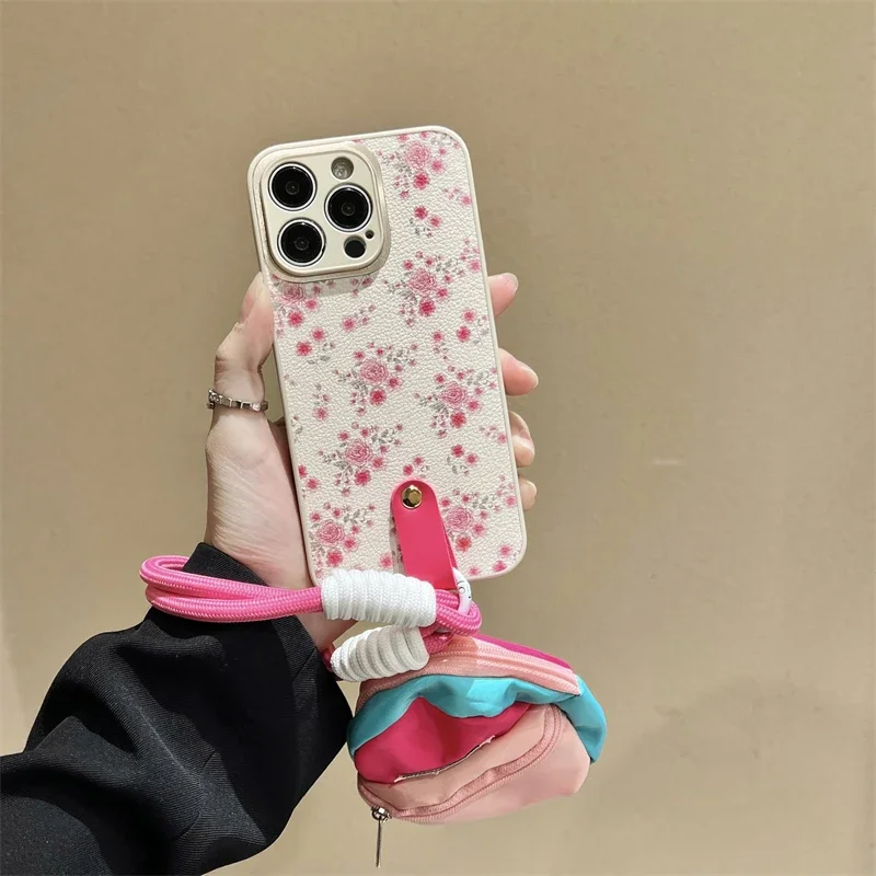 Fashion Silicone Phone Case for IPhone 15 14 13 12 11 Pro Max Plus 14Pro 15Pro IPones Rose Flower with Lanyard Neck Strap Cover