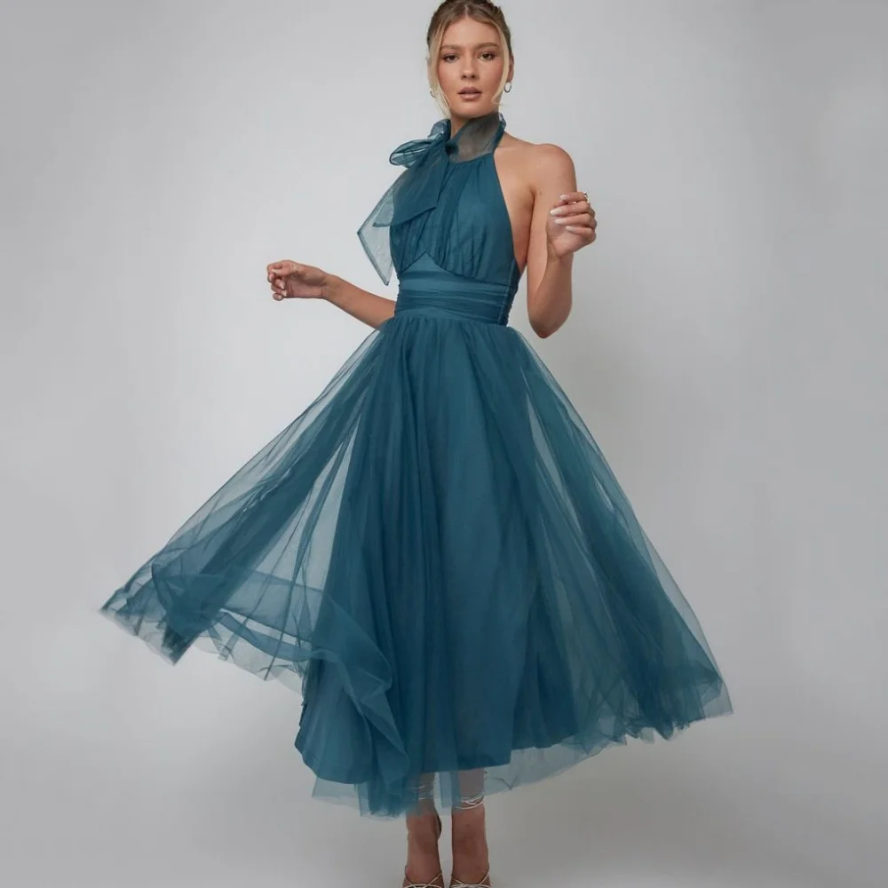 

Tulle Party Gowns A Line Customized Halter Backless Prom Dresses Mid-calf Length Simple Evening Dress New Arrival فساتين سهرة