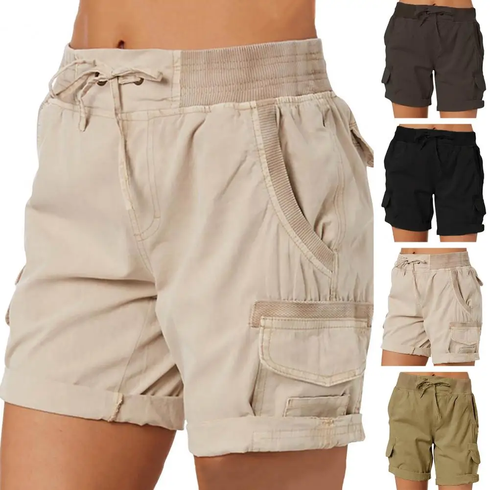 Shorts de cordão com elástico na cintura feminino, bolsos laterais, acima do joelho, largo para senhoras, elegante, verão