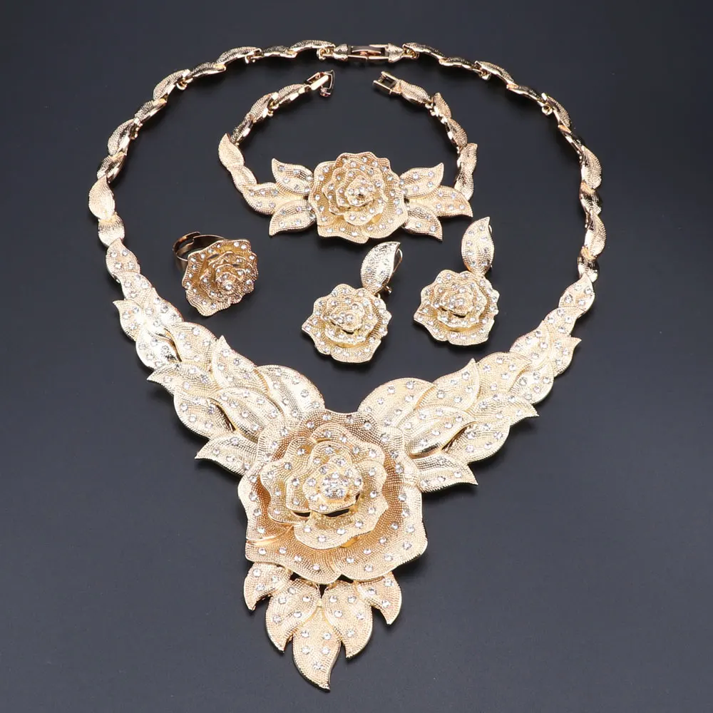 

Dubai Women Gold Color Flower Style Jewelry Sets African Wedding Bridal Ornament Gifts For Saudi Arab Necklace Bracelet Earrings