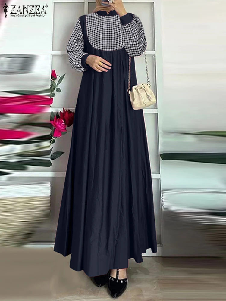 Autumn Patchwork Muslim Dress Abaya 2024 ZANZEA Women Long Sleeve Plaid Checked Sundress Loose Dress Vestidos Kaftan Robe Femme