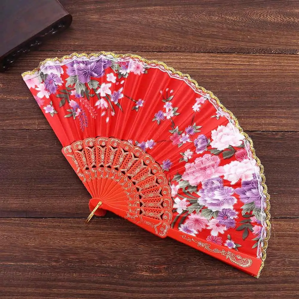 High Quality Women Pattern Hand Held Lace Silk Folding Chinese Style Hand Held Flower Fan Photo Prop Tool Dance Fan Wedding Fan