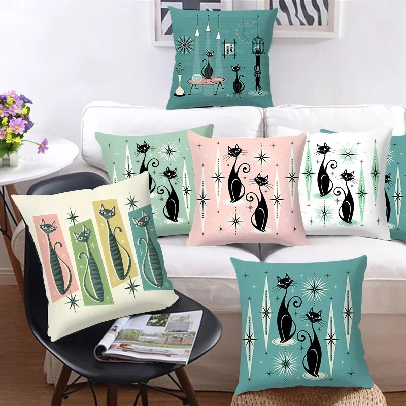 40/45/50cm Black Cat Pattern Square Pillowcase Polyester Car Sofa Cushion Cover Simple Home Decor Seat Cushion Cover