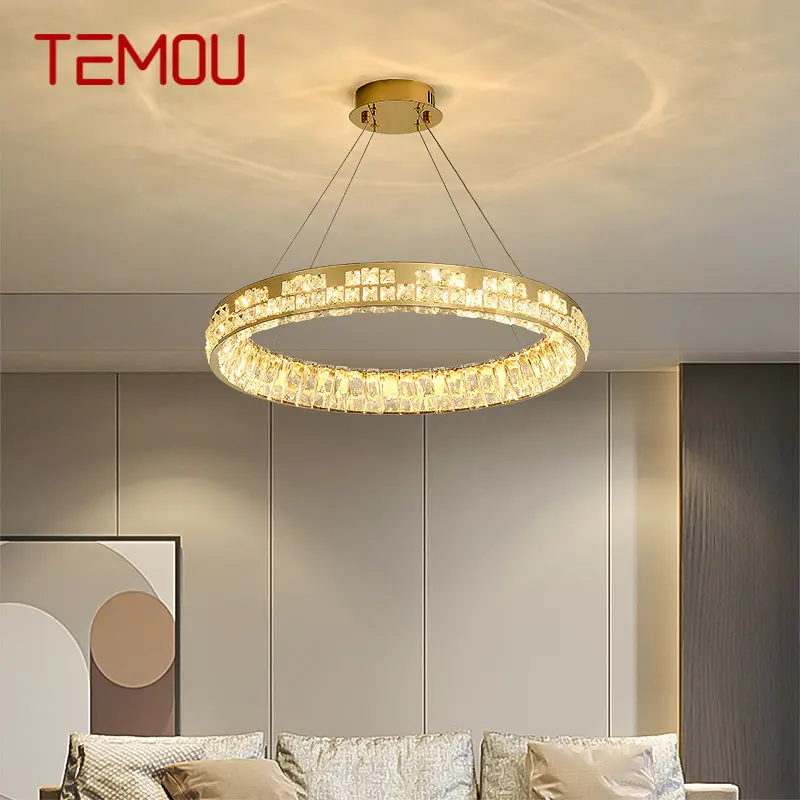 

TEMOU Modern Crystal Pendant Lamp Led Round Ring Chandelier Nordic Creative Light Luxury Decor For Living Room Bedroom