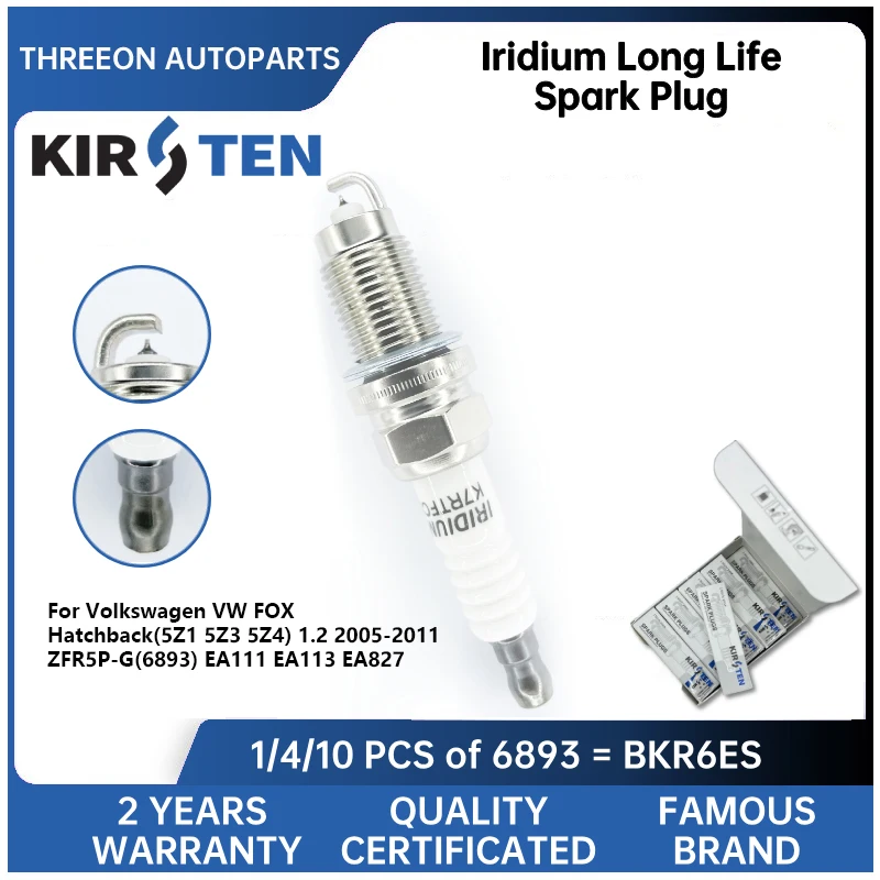 

KIRSTEN Iridium Spark Plug for Volkswagen FOX Hatchback(5Z1 5Z3 5Z4) 1.2 2005-2011 ZFR5P-G(6893) EA111 EA113 EA827 FR7HC KSP6893