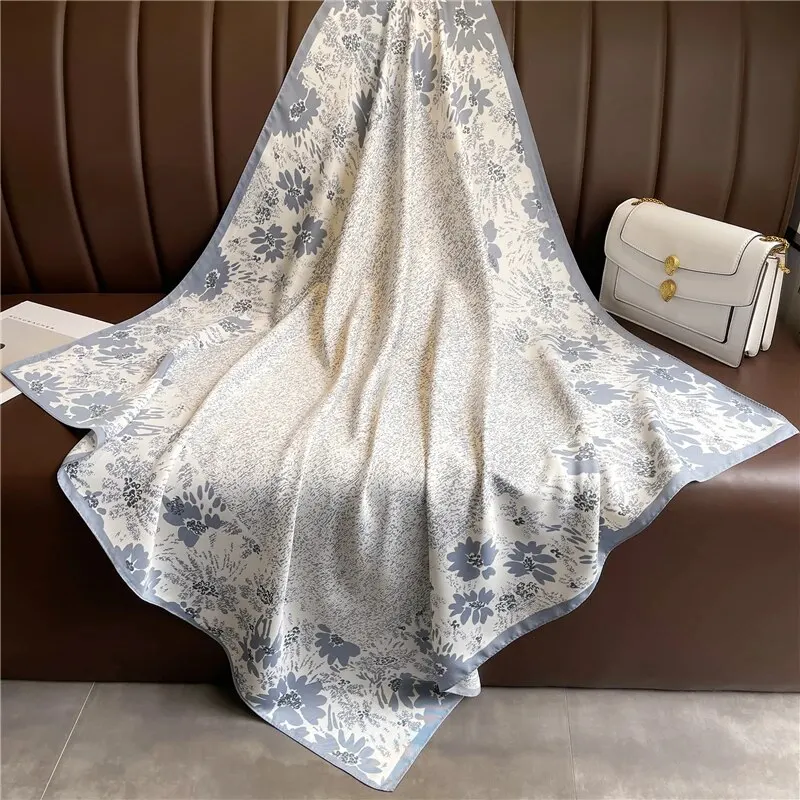 Print Twill Silk 90cm Square Scarf Women Luxury Floral Hair Neckerchief Shawl Wraps Bandanda Hijab Foulard Head Band Echarpe