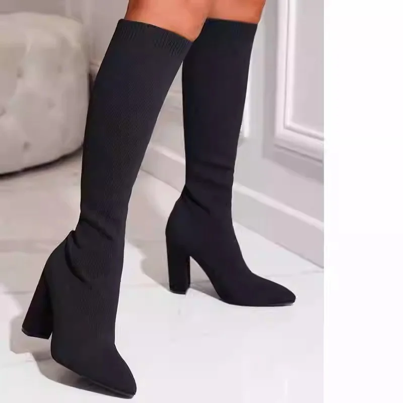 Long for Women Knee High High Heels Boots Stocking Trend Elegant Stylish Comfortable Black Pointed Toe