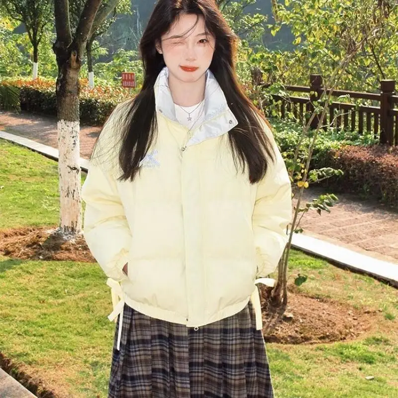 

Свободная куртка для девочек на хлопковой подкладке, утепленная женская зимняя желтая куртка-пуховик в корейском стиле, пальто, милый топ с воротником-стойкой