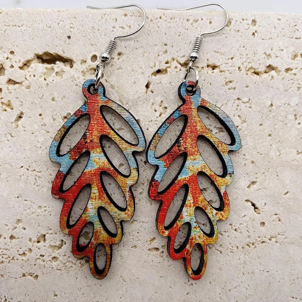 Vintage Hollowed Cutout Leaf Earrings Colorful Bohemian Wood Earrings for Women Original Design Wooden Jewelry Wholesale