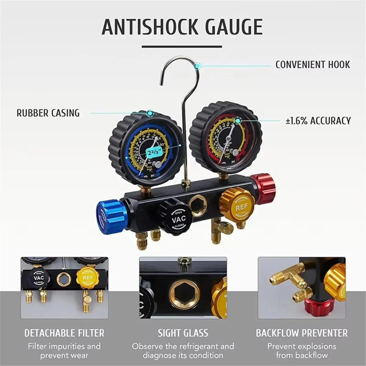 

Многопортовый манометрический коллектор для заправки хладагентов, 4-ходовой, с двойным датчиком давления, для хладагентов R22/R134a/R410a