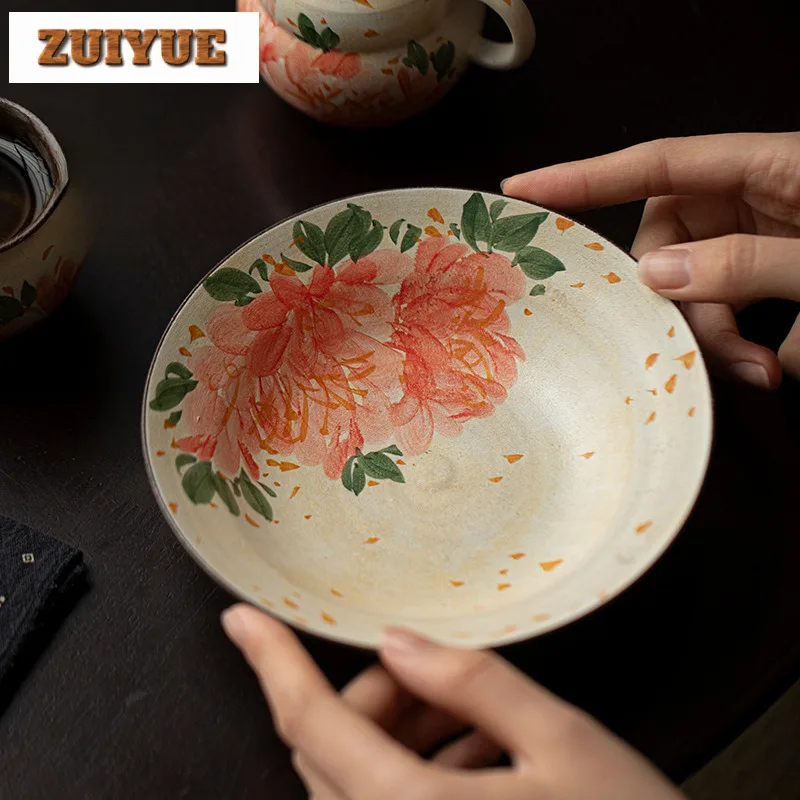 

Hand Drawn Peony Rough Pottery Pot Bearing Holder Japanese Dry Brew Table Tea Tray Fruit Snack Plate Tableware Supplies Craft