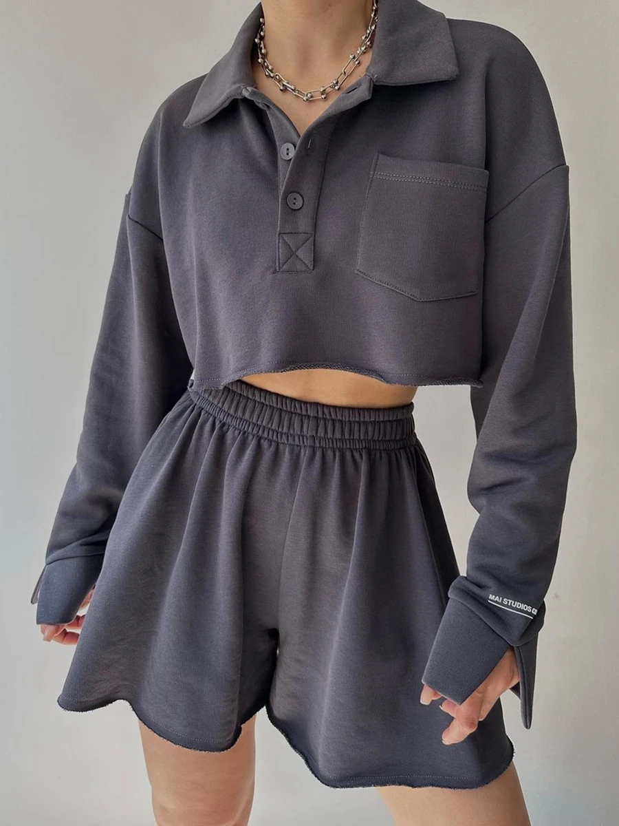 Women s 2 Piece Outfits Long Sleeve Turn-down Collar Button Down Crop Top Elastic Waist Shorts Set Casual Sweatsuit Sets