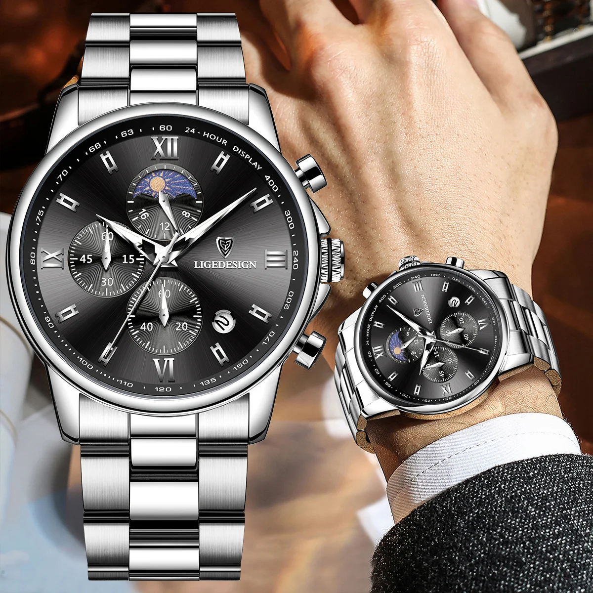

LIGE Man Watch Fashion Moon Phase Calendar Luminous Mens Quartz Watches Waterproof Business Men Watches Stainless Steel Clock