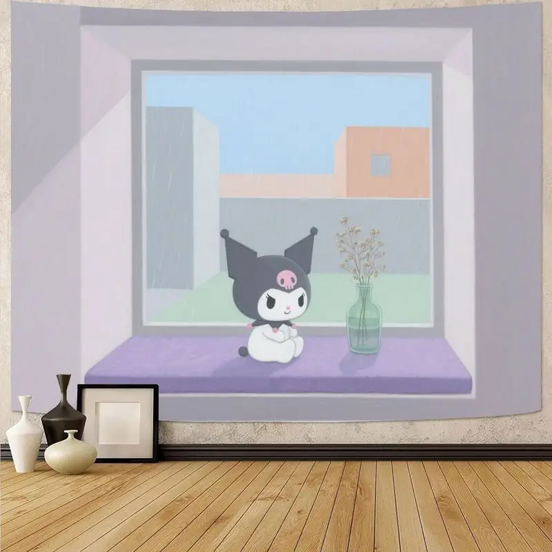 

1 шт. Эстетический гобелен Sanrio Kuromi Kawaii, уютное фиолетовое настенное искусство с видом на окно, декор комнаты в общежитии из полиэстера, милый подарок для девочки