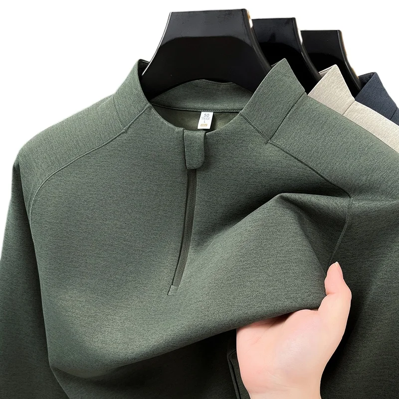 

2026 Men's Luxury Long Sleeve Shirt Stand Collar Half Zip Solid Color Autumn Winter Fashion Casual Business Trend Men's Clothing