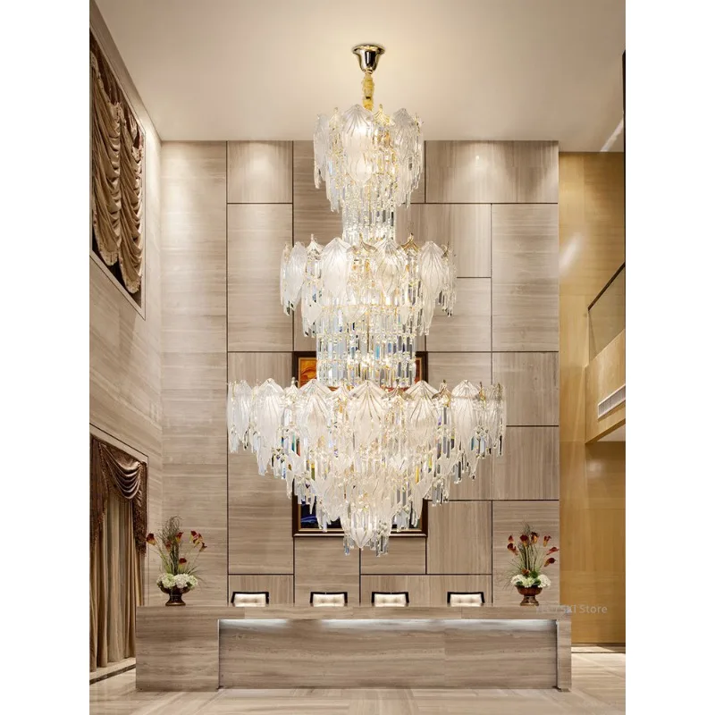 

Duplex crystal chandelier, European style villa living room light luxury, post-modern mid floor lobby staircase long chandelier