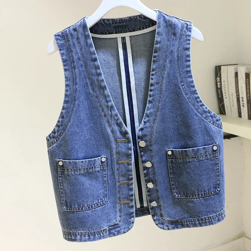

Винтажный синий джинсовый жилет с v-образным вырезом, женский тонкий короткий ковбойский жилет с большим карманом, весна-лето, тонкие джинсовые куртки без рукавов, женские