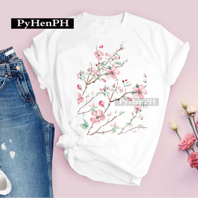 Floral T Shirt Personalized Plant Flower Print Women's T-shirt Short Sleeve Loose Student White Collar Graphic T Shirts  Tops