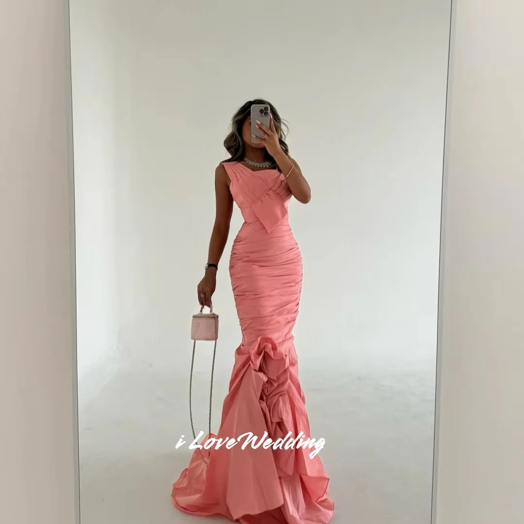 ชุดราตรีออกงานสีชมพูแบบไหล่เดียว ปี 2025 แขนกุด ลายดอกไม้ ทรงเมอร์เมด ชายกระโปรงยาวลากพื้น จับจีบ ชุดงานแต่งงาน สามารถสั่งตัดได้
