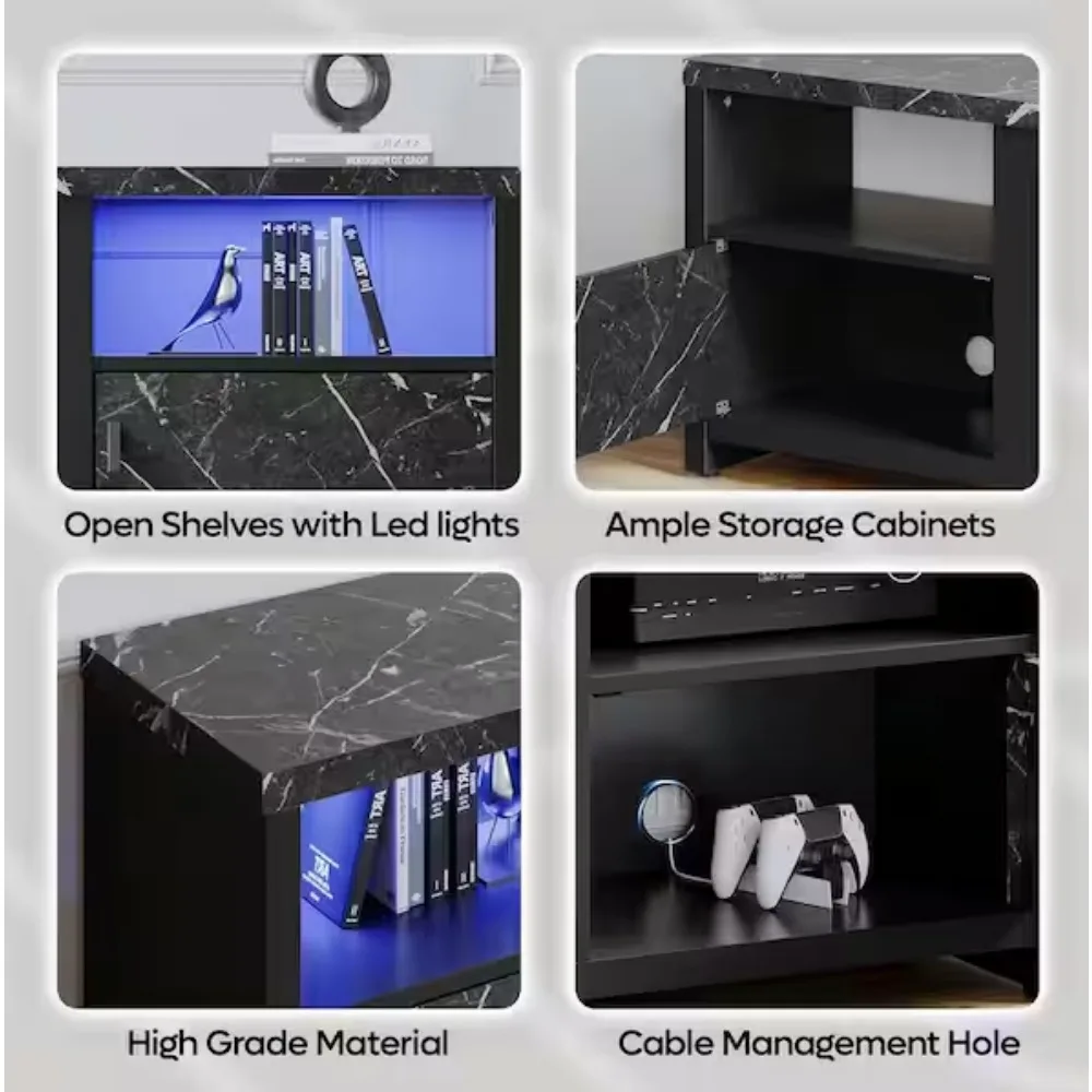 70 дюймов. Подставка для телевизора со светодиодной подсветкой из черного мрамора подходит для телевизоров до 75 дюймов. Развлекательный центр с камином и шкафами