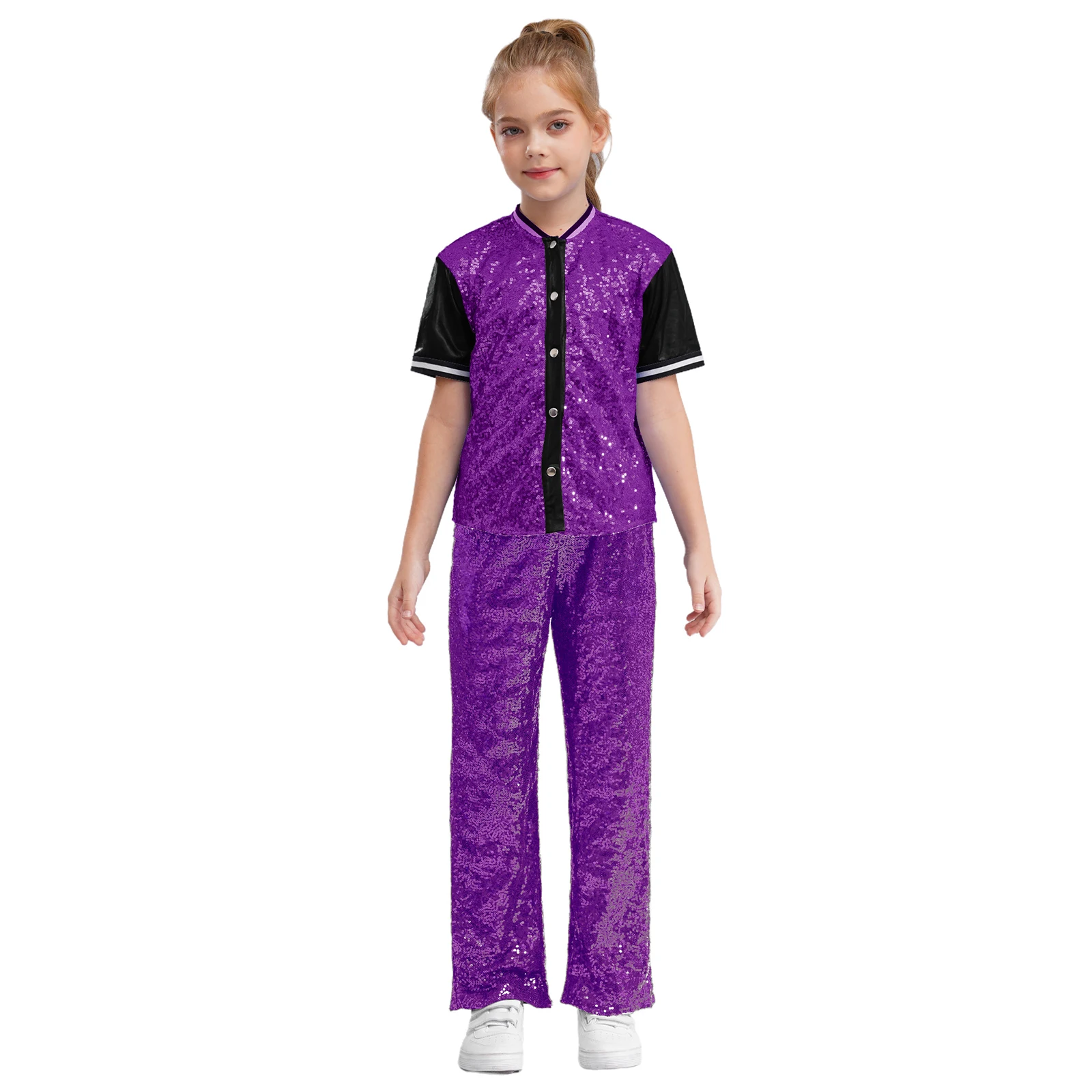 Kids Girls Jazz Dance Costumes Fashion Childs Glittery Sequins Disco Hip-Hop Outfits Children Short Sleeves Streetwear Suits