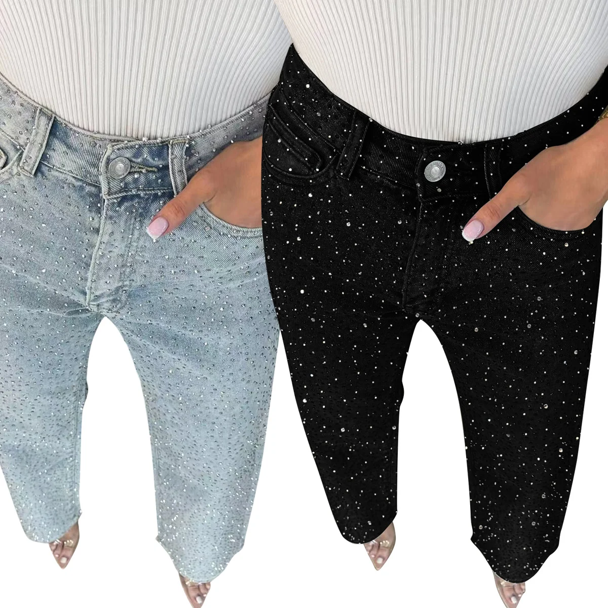 

New Fashionable Women's Jeans - Summer Relaxed Full-Diamond High-Waist Street-Wearable Straight-Leg Long Pants For Ladies