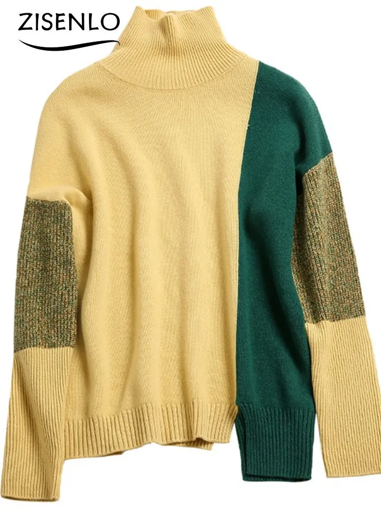 New Autumn Winter Casual Sweater Turtleneck Contrast Color Loose Sweater Oversized Sweater Pullover Korean Fashion