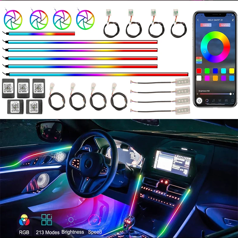 SymphonyCar Acrylic Rainbow Ambient Lights 64 RGB LED Remote App Control Auto Interior Accessories Atmosphere Lamp Strips 22in1