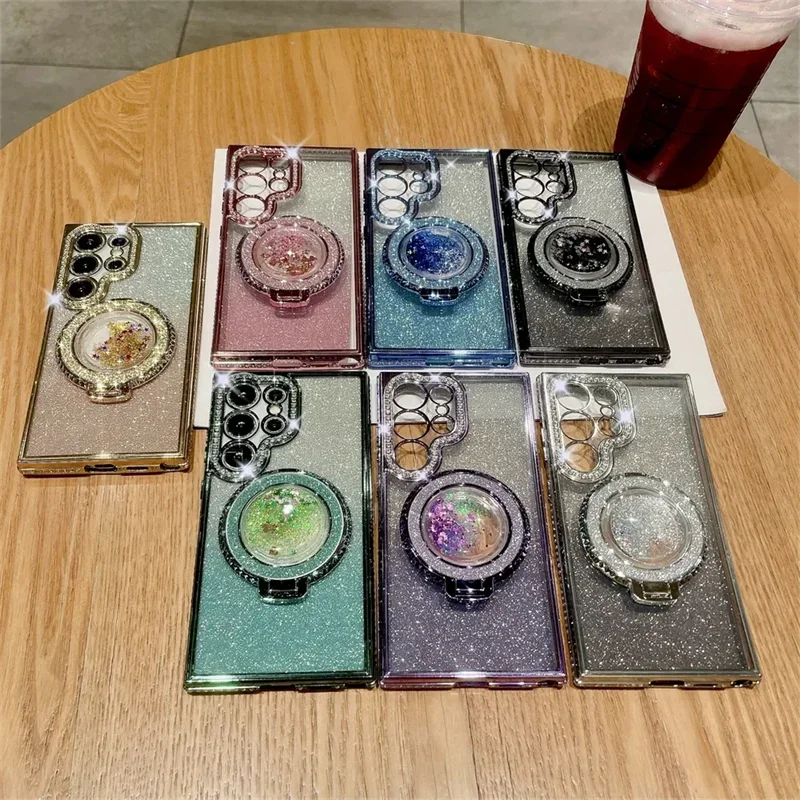 S24Ultra Case Diamond Glitter Quicksand Magnetic Bracket Stand Case for Samsung Galaxy S24 S22 S23 S25 Ultra Plus Gradient Cover