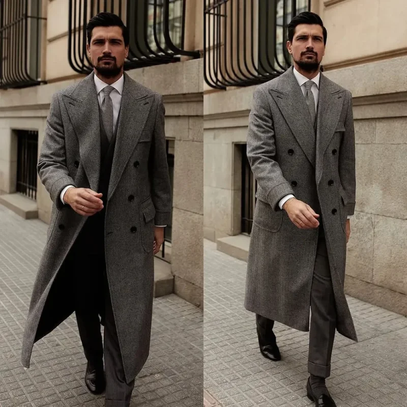 

Casual Men Wool Blend Overcoat Peaked Lapel Double Breasted Plus Size Groom Wedding Tuxedos Customized One Piece
