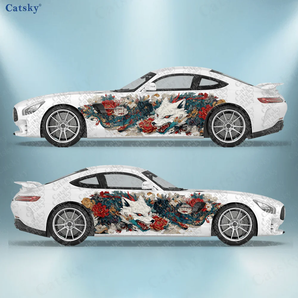 CATSKY.2pcs.Monster-Faced Floral Pattern Car Side Decals | Self-Adhesive PVC Waterproof & Scratch-Resistant Stickers, Fashionabl