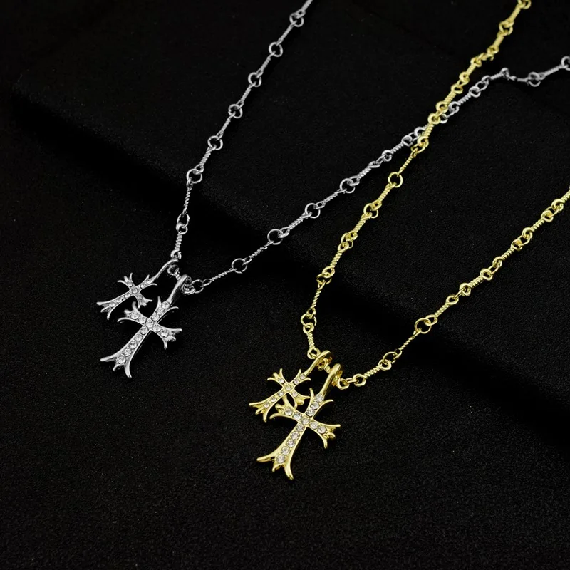 

golden Double Cross Full Diamond Necklace Hip Hop Retro Inlaid Diamond Pendant Collarbone Chain Couple's Gift