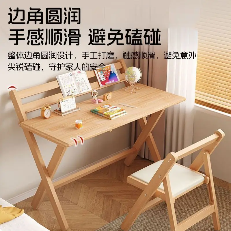 Folding Solid Wood Computer Desk, Natural Study Writing Table With Book Stand, Rounded Corner Home Office Desk For Small Spaces