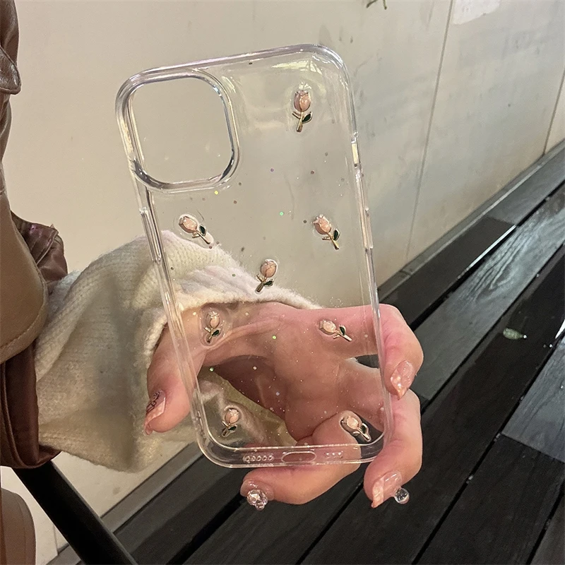 Cute Transparent Epoxy Tulip Flowers Phone Case For iPhone 15 14 13 12 11 Pro Max Korean Style Shockproof Protective Back Cover