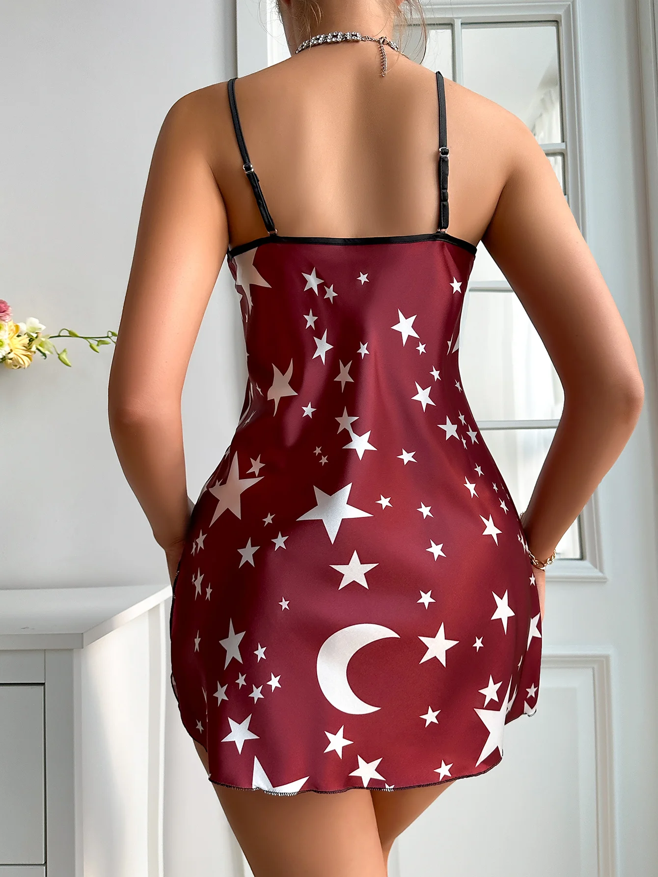 Moon  Star Print Satin Nightgown  Casual V Neck Backless Side Split Slip Dress Women\'s Sleepwear