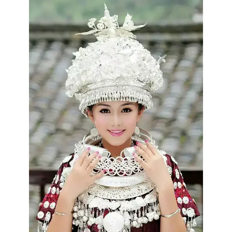 Miao ethnic style traditional silver jewelry hat headgear chest plate pendant silver hat