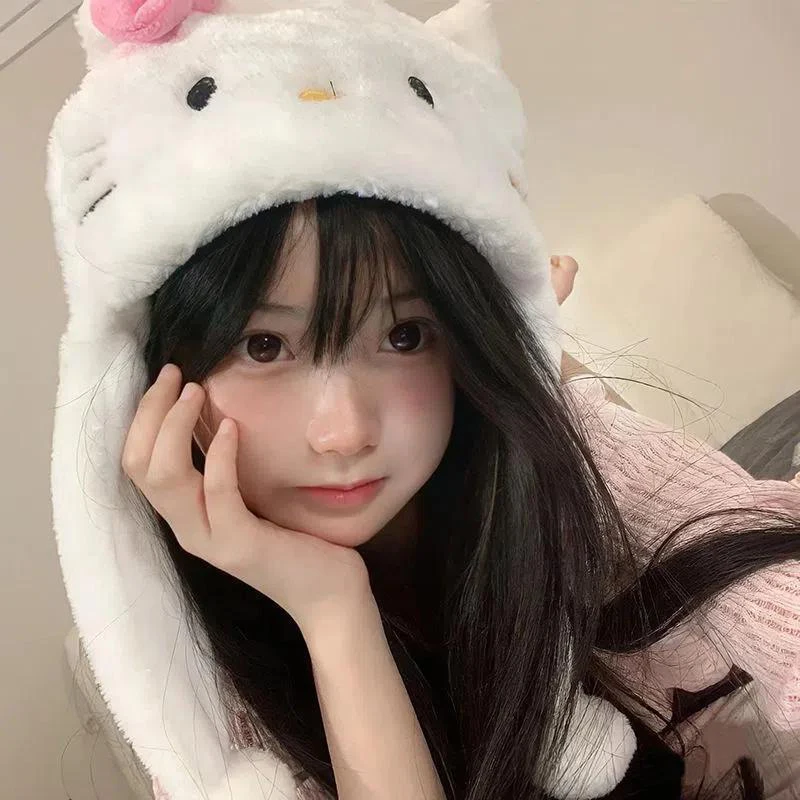 Kawaii KT Cat Plush Cap Cute Cartoon Hello Kitty Pullover Hat Thickened Warm Ear Protection Riding Hat For Girl Gifts